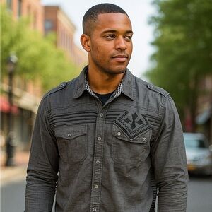 Affliction Charcoal Button-Up Shirt with Embroidered Design